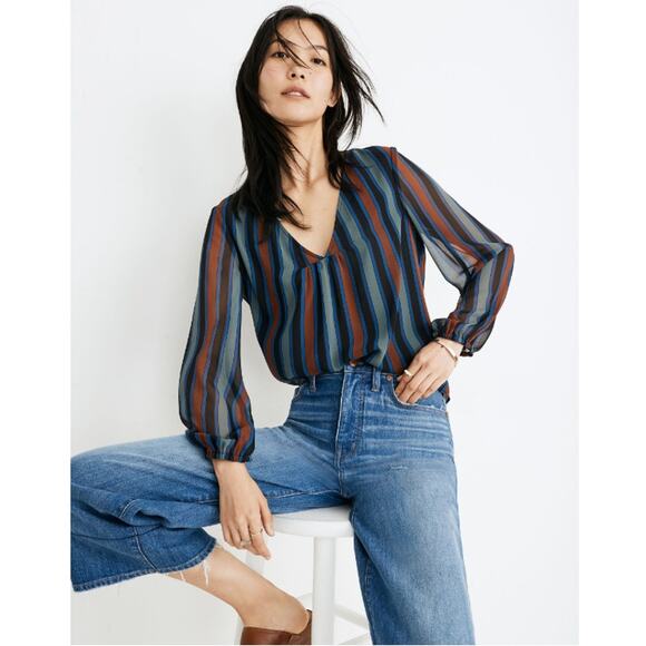 Madewell Sheer-Sleeve Top in Academy Stripe Color Winter Architect Green sz. XXS - Picture 1 of 11